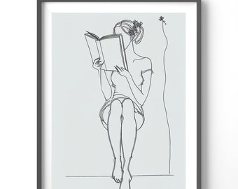 Bookish Line Art Poster, Matte Vertical Posters, Minimalistic Wall Art, Book Worm Print