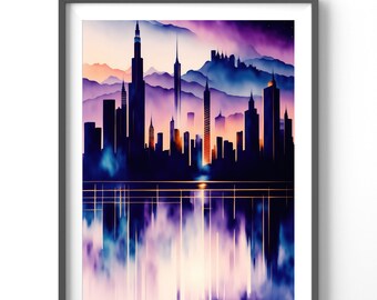 Cityscape Poster - Colorful Watercolor Cityscape Art Print, Matte Vertical Wall Decor for Home & Office
