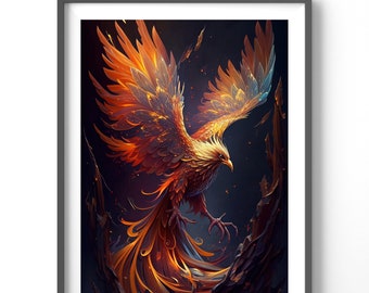 Neon Phoenix Poster, Matte Vertical Posters, Fantasy Wall Art, Fire Bird Print