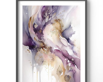 Abstract Poster - Purple Matte Vertical Wall Art, Gold Contemporary Print for Home Decor, Unique Modern Artwork