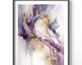 Purple Abstract Poster, Matte Vertical Posters, Gold Wall Art, Contemporary Print