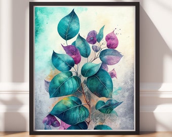 Botanical Art v16, Digital Download, Printable Art, Colorful Painting, Modern Prints, Leaves Decor, Abstract Painting
