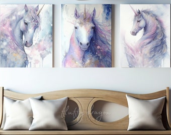 Set of 3 Unicorn Art Gallery Set, Unicorn Wall Art, Digital Download, Unique Decor, Colorful Art Print, Nature Lovers Gift, Fantasy Painting