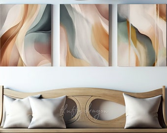 Set of 3 Abstract Digital Prints – Neutral Earth Tone Wall Art – AI Modern Artwork – Instant Download