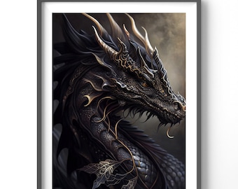 Black Dragon Poster, Matte Vertical Posters, Fantasy Wall Art, Dragon Lover Print