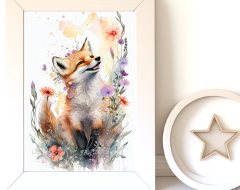 Digital Download |  Baby Fox v8 | Printable Art | Digital Prints Wall Art | Art Prints | Digital Painting | AI Art Print | Watercolor Art
