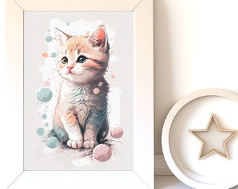 Watercolor Animals: Cute Cat Digital Download, Baby Animal Prints, Nursery Wall Art, Printable Decor for Kids' Room