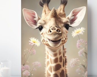Giraffe Canvas Print, Wrapped Canvas, Cute Baby Animal Nursery Wall Art, Ready to Hang