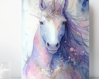 Watercolor Unicorn Canvas Wall Art, Wrapped Canvas, Fantasy Artwork, Ready to Hang