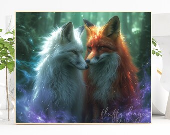 Mystical Fox Pair Art - Digital Download, Enchanted Forest Foxes, Fantasy Wildlife Print, Ethereal Animal Decor, Spirit Animal Gift