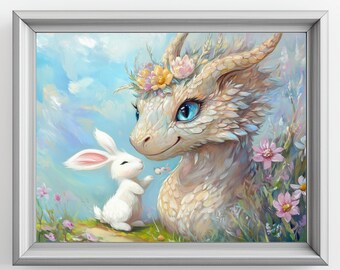 Easter Bunny & Cute Baby Dragon Digital Download | Printable White Dragon Artwork for Kids' Room Decor