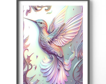 Holographic Hummingbird Poster, Matte Vertical Posters, Bird Wall Art, Black and Colorful Animal Print