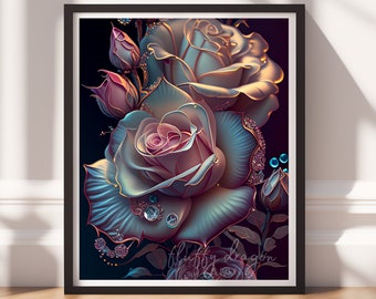 Dark Art, Flower Wall Print v3, Printable Art, Floral Prints, Digital Download, Dark Academia Decor, Black Painting