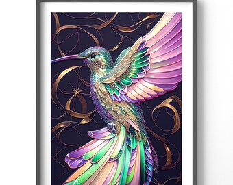 Holographic Hummingbird Poster, Matte Vertical Posters, Bird Wall Art, Black and Colorful Animal Print