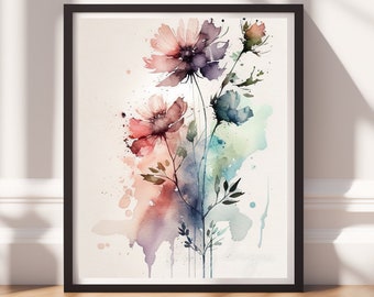 Watercolor Flowers v9, Digital Download, Floral Wall Art, Instant Print, Pastel Decor, Digital Prints