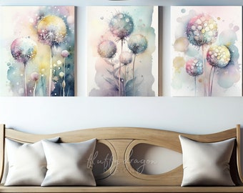 Dandelion Watercolor Art, Pastel Wall Art Digital Prints, Living Room Decor, Multicolor Nature Wall Decor Living Room Printable Art Set of 3