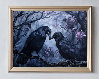 Romantic Raven Art - Gothic Crow Print - Dark Fantasy Wall Decor - Mystical Digital Download