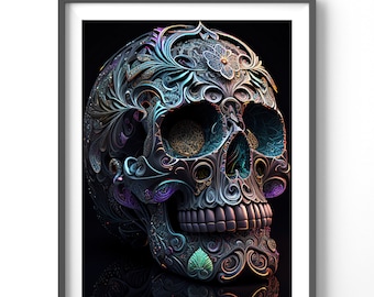 Skull Poster | Sugar Skull Art Print, Matte Vertical Design, Fantasy Wall Decor, Unique Wall Art for Home