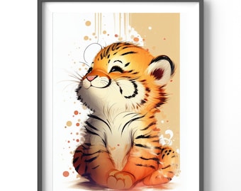 Baby Tiger Cub Poster, Matte Vertical Posters, Watercolor Wall Art, Nursery Animal Print