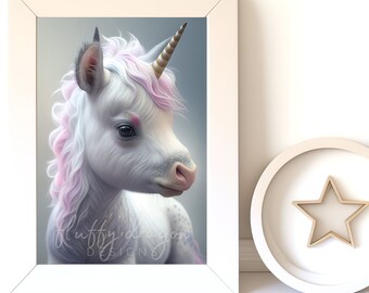 Whimsical Artwork: Cute Unicorn Art Print, Digital Download, Charming Animal Decor for Kids' Rooms & Nurseries