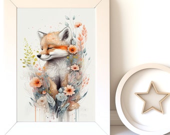 Baby Fox Art Print | Cute Nursery Animal Digital Download | Instant Wall Decor for Kids Room
