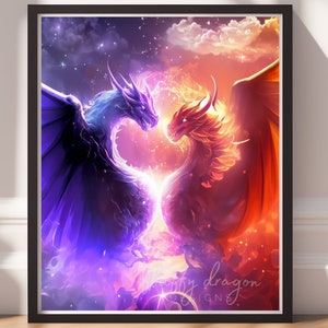 Fantasy Art Download: Dragon & Phoenix Digital Art Print – Mythical Creatures Wall Decor for Home and Office
