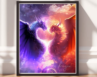 Fantasy Art Download: Dragon & Phoenix Digital Art Print – Mythical Creatures Wall Decor for Home and Office