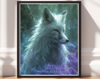 Mystical White Fox Art - Digital Download, Fantasy Fox Print, Ethereal Animal Wall Decor, Enchanted Forest Artwork, Spirit Animal Gift