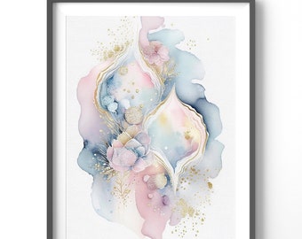 Pastel Watercolor Poster, Matte Vertical Posters, Gold Abstract Wall Art, Colorful Print