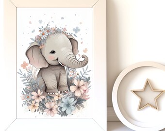 Digital Download |  Baby Elephant v6 | Printable Art | Digital Print Wall Art | Art Print | Nursery Wall Art | AI Art Print | Watercolor Art