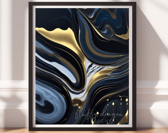 Luxury Black and Gold Abstract Art – Fluid Marble Print – AI Digital Download