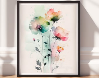 Watercolor Flowers v7, Digital Download, Floral Wall Art, Instant Print, Pastel Decor, Digital Prints