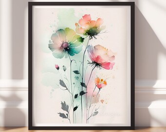 Watercolor Flowers v7, Digital Download, Floral Wall Art, Instant Print, Pastel Decor, Digital Prints