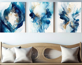 Set of 3 Abstract Digital Prints – Blue & Gold Watercolor Art – Modern AI Artwork – Instant Download