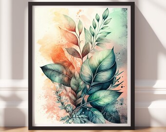 Botanical Art v6, Digital Download, Printable Art, Colorful Painting, Modern Prints, Leaves Decor, Abstract Painting