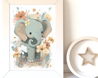 Digital Download |  Baby Elephant v8 | Printable Art | Digital Print Wall Art | Art Print | Nursery Wall Art | AI Art Print | Watercolor Art