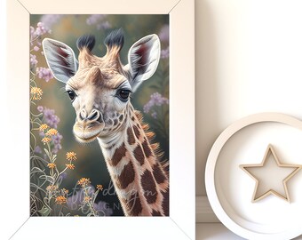 Baby Giraffe Nursery Digital Art, Cute Animal Wall Art for Kids' Room, Printable Decor, Safari Theme Design