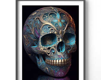 Skull Poster | Sugar Skull Art Print, Matte Vertical Fantasy Wall Decor, Colorful Artwork for Home or Office