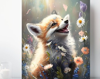 Baby Fox Canvas Print, Wrapped Canvas, Cute Animal Nursery Wall Art, Ready to Hang