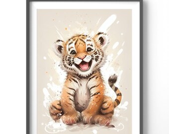 Baby Tiger Cub Poster, Matte Vertical Posters, Watercolor Wall Art, Nursery Animal Print