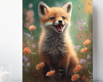 Baby Fox Canvas Print, Wrapped Canvas, Cute Animal Nursery Wall Art, Ready to Hang