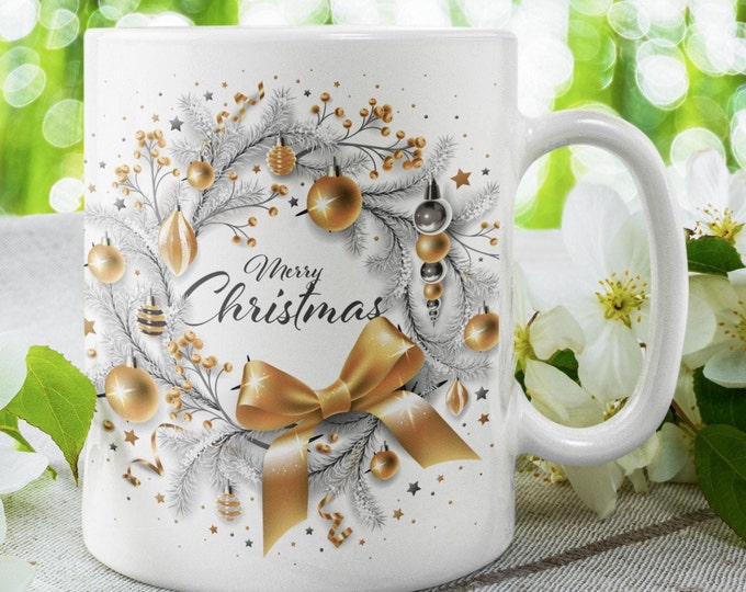 Merry Christmas Gold Wreath - White Glossy Mug - Ceramic Mug - Coffee Mug - Coffee Cup - Tea Mug - Handmade Mug - Christmas Mug and Cups