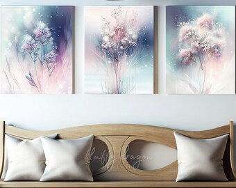 Watercolor Nature Print, Floral Wall Art, Dark Gray Pink Aqua Neutral Abstract Living Room Wall Art, Flower Wall Art Digital Prints Set of 3