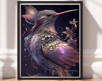 Hummingbird Print, Whimsical Digital Download, Magical Wall Art for Ethereal Decor, Nature-Inspired Home Decor
