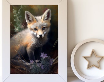 Digital Download |  Fox in the Garden, Baby Fox, Baby Animal Print, Girls Bedroom Art, Digital Art, Printable Wall Art, Printable Art Prints