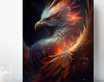 Phoenix Canvas Wall Art, Wrapped Canvas, Fantasy Bird Art, Ready to Hang