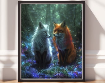 Fantasy Romantic Fox Art | Digital Download Print, Whimsical Artwork, Cute Animal Decor, Bright Colors, Gift for Fox Lovers