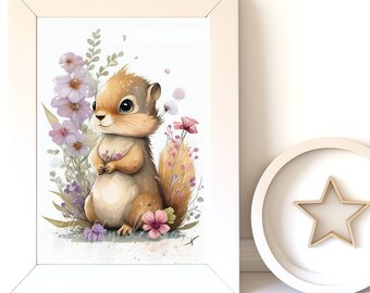Baby Animal Prints, Squirrel v4, Digital Download, Instant Print, Woodland Animals, Nursery Wall Art, Gender Neutral