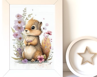 Cute Baby Squirrel Art Print, Nursery Animal Art, Digital Download, Adorable Animal Printable, Instant Wall Decor for Kids