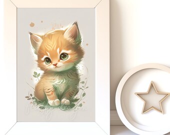 Watercolor Animals - Cute Cat Digital Download, Baby Animal Prints for Nursery Wall Art, Printable Nursery Decor